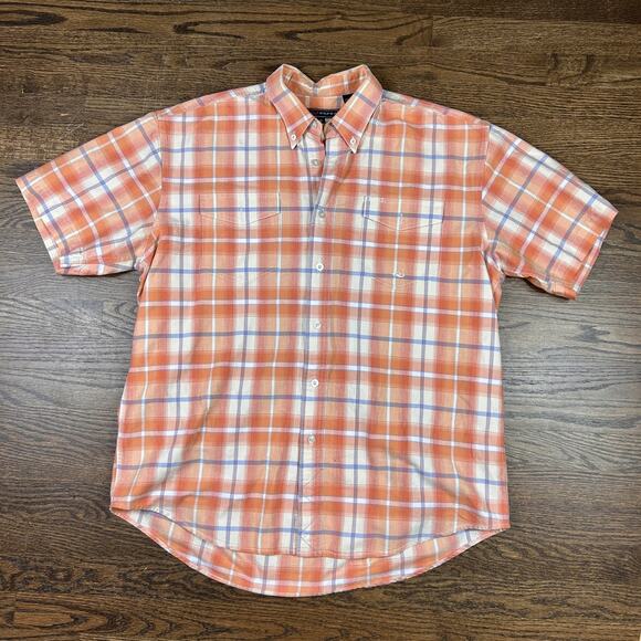 Roper Shirt Mens XL Orange White Plaid Western Button Down Short Sleeve Cotton - Picture 1 of 8